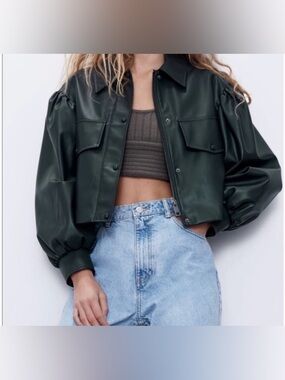 Zara Cropped Green Leather Jacket - size M